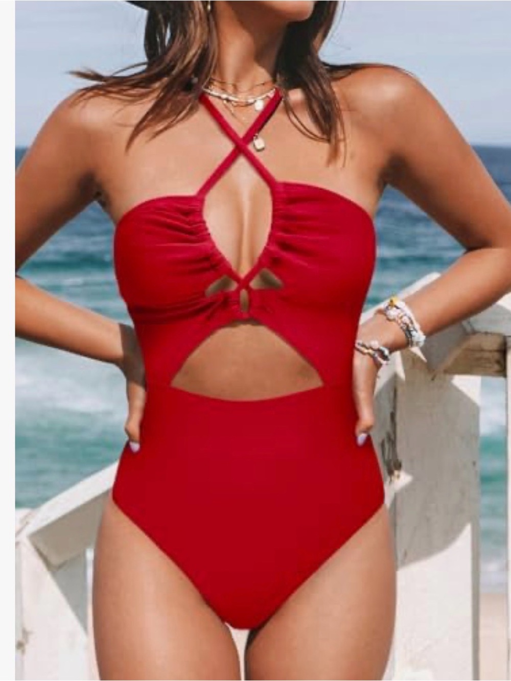 CUPSHE Red Cutout One Piece Swimsuit Womens Small Criss Cross Monokini
